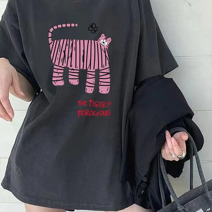 Summer New Fun Tiger Cartoon Print T-shirts Women Clothing Fashion All-match Pure Cotton Short Sleeve Top Tee Y2k Loose Pullover