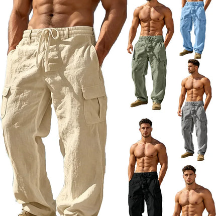 2026 Summer Men'S Cotton And Linen Pants Multiple Pockets Breathable Loose Drawstring Straight Leg Pants Sports And Casual Pants