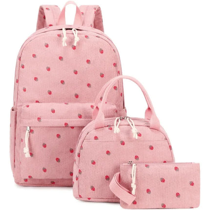 3/set Corduroy Backpacks Strawberry Multi-function Schoolbag Casual Travel Large Capacity Daily Lightweight Students School Bag
