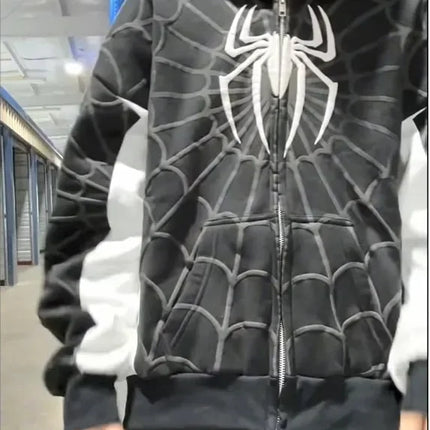 American Spider 3D Foaming Embroidery Zipper Hoodie Y2K Retro Gothic Harajuku Women Zip Up Jacket Hoodies Sweatshirt Men Clothes
