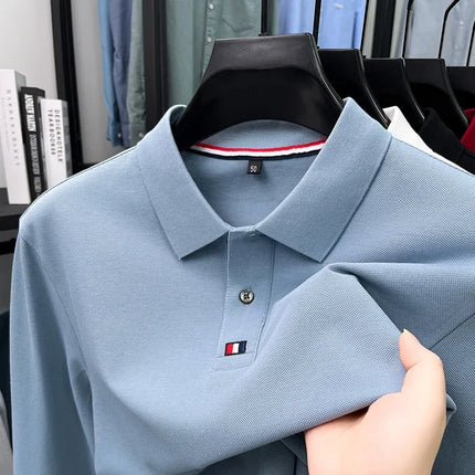 Men's turn-down collar T-shirt, long-sleeved, autumn business style, 100% cotton, casual Polo shirt, men's top, Polo shirt
