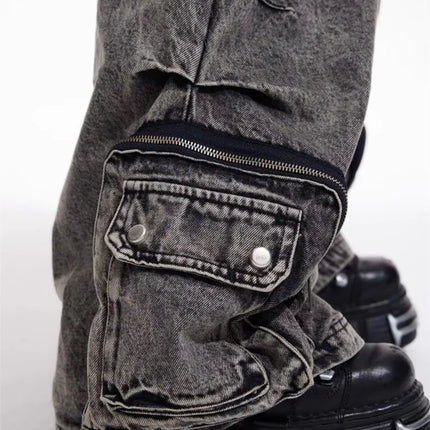 2025 Cyber Y2K Streetwear Washed Grey Baggy Cargo Jeans Pants For Men 90S Vintage Clothes Wide Leg Zipper Gothic Denim Trousers