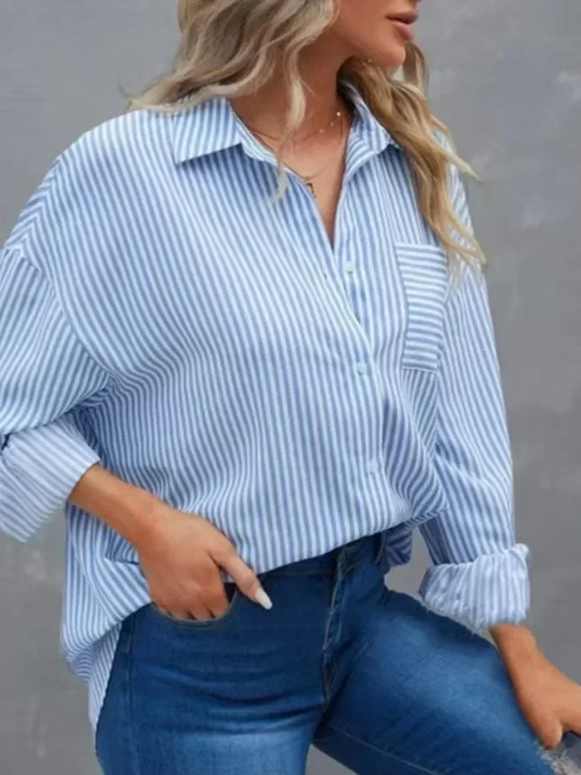 Plus Size Women's Shirt 2025 New Summer Feminino Casual Pocket Baggy Loose Top Striped Classic Long-sleeved Work Blouse Clothing