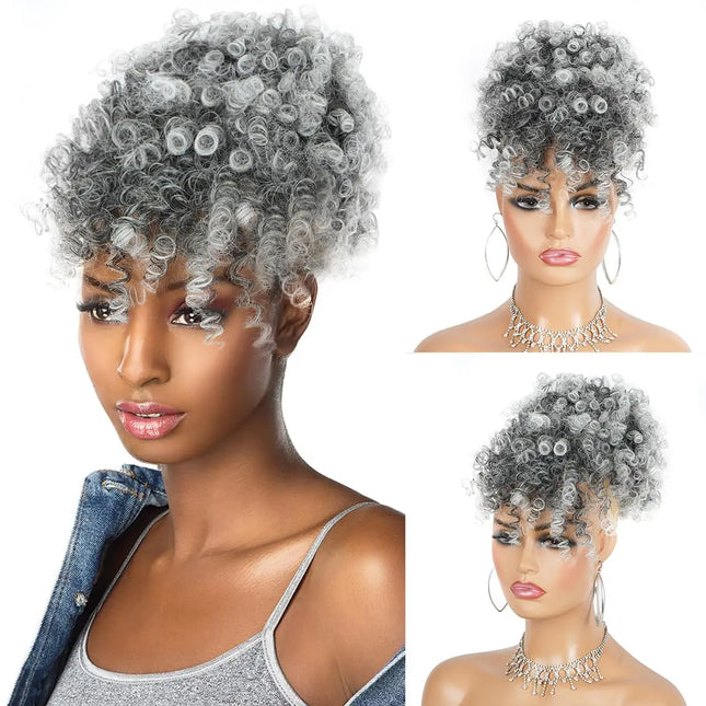 Afro Puff Kinky Curly Synthetic Hair Ponytail with Bangs, Drawstring Ponytail for Black Women Updo Natural Hair Ponytail