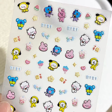Kawaii BT21 Nail Stickers Embossed DIY Phone Cases Water Bottles Nail Decoration Stickers CHIMMY COOKY KOYA TATA Anime Gift Toys