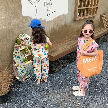 2026 Summer Children Girls 2PCS Clothes Set Cotton Floral Printed Short Sleeve Tees Suits Loose Cropped Pants Kids Girls Outfits