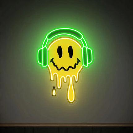 Happy Face Neon Sign Melting Happy Face With Headphone Neon UV Printing Acrylic Sign Bedroom Game Room Bar Art Wall Decor Kids G