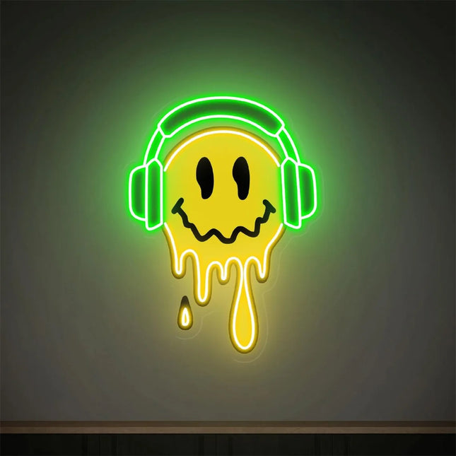 Happy Face Neon Sign Melting Happy Face With Headphone Neon UV Printing Acrylic Sign Bedroom Game Room Bar Art Wall Decor Kids G