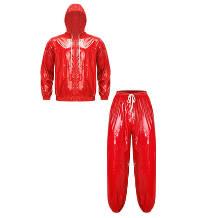 Mens Sauna Tracksuit Set Zipper Hoodie Drawstring Pants Waterproof Long Sleeve Front Zip-up Drawstring Hood Jacket with Pants