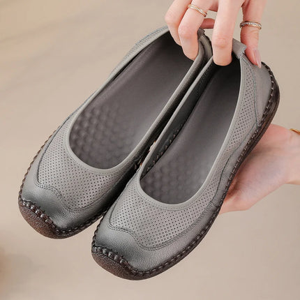 New Real Leather Perforated Ballet Flats Women's Massage Insole Slip On Moccasins Woman Hollow Loafer Casual Daily Shopping Shoe