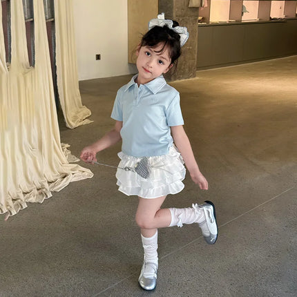 2025 Korean version children's temperament collar POLO half sleeved T-shirt for girls and babies, casual shoulder letter short s