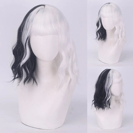Cosplay Halloween Party Wigs CRUELLA Deville De Vil Black White With Bangs Short Bob Hair for Women Heat-Resistant Synthetic Wig