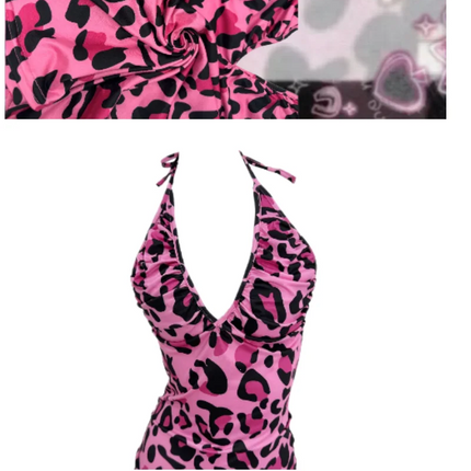 Kimotimo Y2k Street Pink Leopard Print V-Neck Halter Camisole Women's Sexy Backless Slim Fit Waist Tank Top Spicy Girls Chic Vest