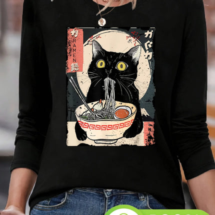Women's 100% Cotton Long Sleeve Crew Neck T-Shirt Black Cat Eating Ramen Japanese Anime Graphic Tee Kawaii Ramen Lover Top