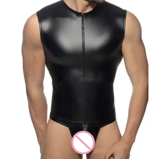 Men's Faux Leather Zipper Bodysuit Gay Bulge Pouch Tight Clubwear Tank Tops Vests Tights Clubwear T-shirt Leotard