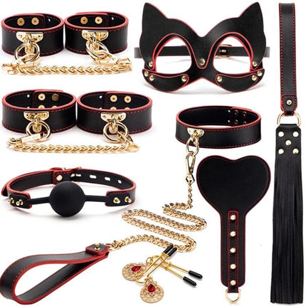 BLACKWOLF BDSM Bed Bondage Kits Genuine Leather Restraint Set Handcuffs Collar Gag Erotic Sex Toys For Women Couples Adult Games