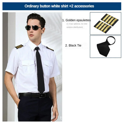 Summer Air Force Uniform Short Sleeve White Shirts Pilot Security Workwear  Outfit Men's Casual Style Square Collar Work Shirts