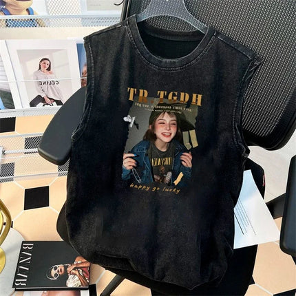 Personalized pure cotton printed retro washed American T-shirt summer vest men s sleeveless loose clothing high quality