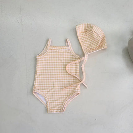 2024 New Baby Kid's One-piece Swimwear With Hat Toddler Girl's Dot Floral Suspenders Swimming Suit Summer Beach Wear