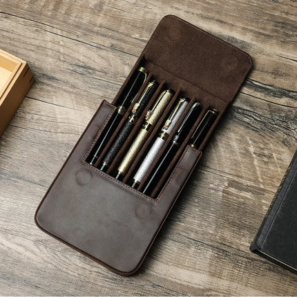 CONTACT'S FAMILY Handmade Fountain Pen Case Genuine Leather Holder Pencil Pouch Retro Pen Box Organizer School Office Men Women