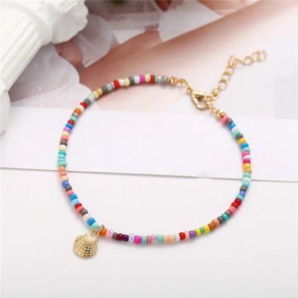 Modyle Bohemian Colorful Beads Shell Anklets for Women Summer Ocean Beach Ankle Bracelet Foot Leg Jewelry