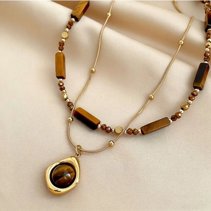 Retro Temperament Layered Tiger Eye Stone Pendant Necklace For Women Stainless steel  Collarbone Chain Sets Jewelry