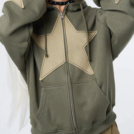 Y2K Vintage Star Print Hooded Hoodie for Women Casual Loose Long Sleeve Zip Up Drawstring Sweatshirts Autumn Spring Coat Street
