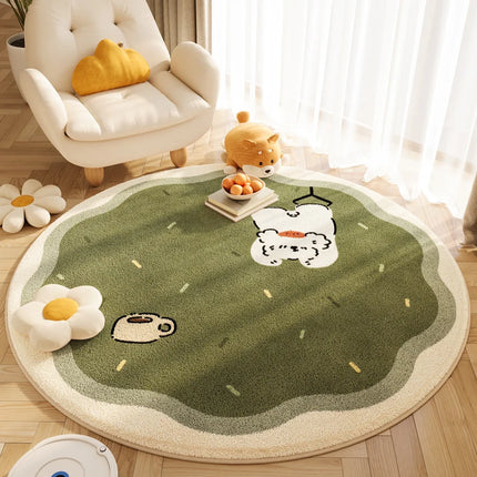 VIKAMA Cute Cartoon Living Room Round Flannel Carpet, Bedroom Bedside Anti-Slip And Cooling Rug, Home Decoration