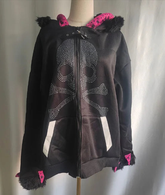 Gothic Y2K Hoodied Jackets Women Harajuku Fashion Hooded Coats Skull Thicked Casual Black Tops Winter Sweatshirts Punk Hoodie