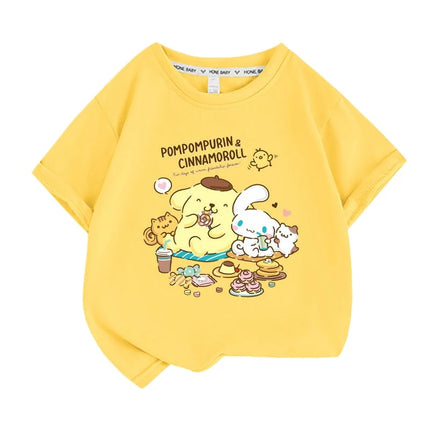Sanrio Summer Baby Girls 100% Cotton Clothes Kid Children Boys Pompompurin Printed T-shirts Cartoon Short Sleeve Top Outfits