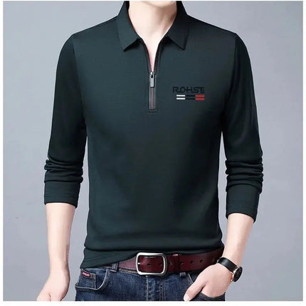 Spring Autumn New Business Half Zipper Polo Shirt Long Sleeve Solid Casual All-match Tops Tees Fashion Vintage Men Clothing