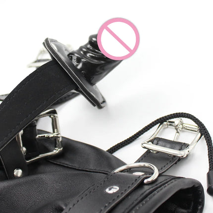 BDSM Leather Head Hood Mask with Detachable Eye Mask Silicone Dildo Mouth Gag Slave Bondage Adult Sex Toy Fetish Role Play Gear