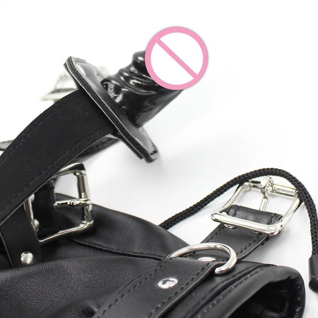 BDSM Leather Head Hood Mask with Detachable Eye Mask Silicone Dildo Mouth Gag Slave Bondage Adult Sex Toy Fetish Role Play Gear