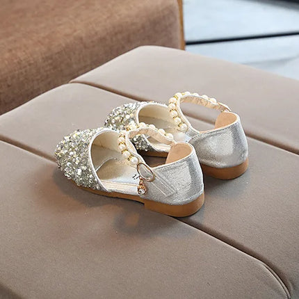 Summer Girls Shoes Bead Mary Janes Flats Fling Princess Shoes Baby Dance Shoes Kids Sandals Children Wedding Shoes Gold