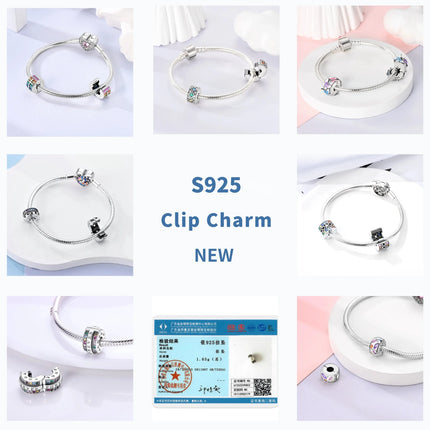 Lucky Clover Clip Charms 925 Sterling Silver Original Black Cat Stopper Clamp Silicone Spacer Charm For DIY Jewelry Bracelet