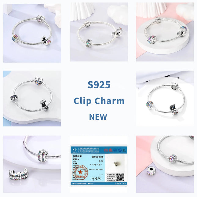 Lucky Clover Clip Charms 925 Sterling Silver Original Black Cat Stopper Clamp Silicone Spacer Charm For DIY Jewelry Bracelet