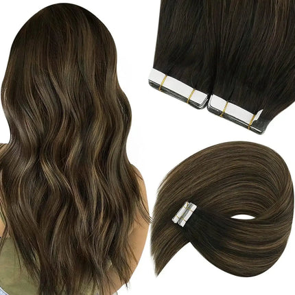 VeSunny Tape in Hair Extensions Human Hair Balayage Color Real Natural Hair Skin Weft Straight Seamless Remy Hair Extensions