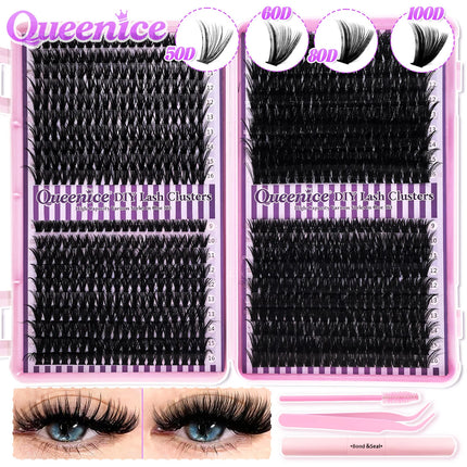 QUEENICE Lashes Cluster DIY Lash Extension Mixed Tray Clusters Eyelashes Fluffy Individual Lashes Cat Eye Lash Extension