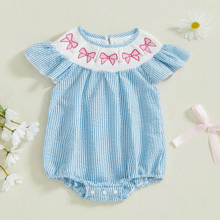 Newborn Baby Girl Clothes Short Sleeve Smocked Bow Print Embroidery Romper Stripe Bodysuit Summer Outfits 0-18M