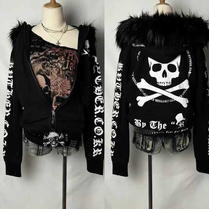 New Retro Oversized Printed Fur Collar Jacket Gothic Streetwear Skull Hoodie Y2K Women Hip Hop Harajuku Winter Hooded Sweatshirt