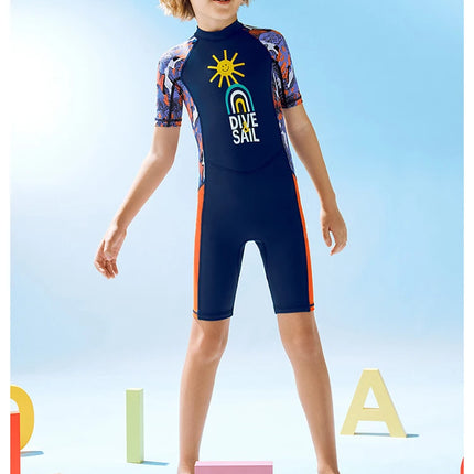 Children's Swimsuit Boys and Girls One-Piece Short-Sleeved Beach Sun Protection Professional Training Swimsuit