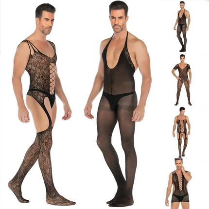 Men's Black Sexy Fishnet Body Stockings Plus Size Male Erotic Underwear Exotic Open Crotchless One-pieces Body suits for Man