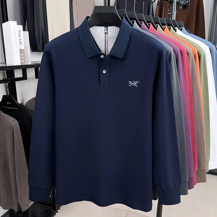 100% pure cotton high-end luxury brand men's long-sleeved polo shirt, autumn fashion original embroidery design golf top T-shirt