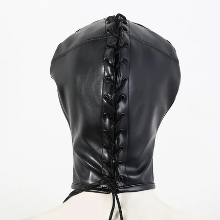 PU Leather Bondage Mask Full Head Hood Blindfold BDSM Fetish Roleplay Slave Harness Sexy Adult Sex Toys for Women Men Couples