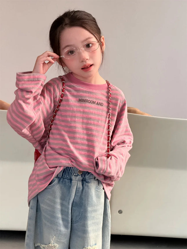 T-shirt 2026 Spring and Summer New Childrens Clothing Korean Boys and Girls Loose Shoulder Long Sleeve Stripe Letter T Sleeve