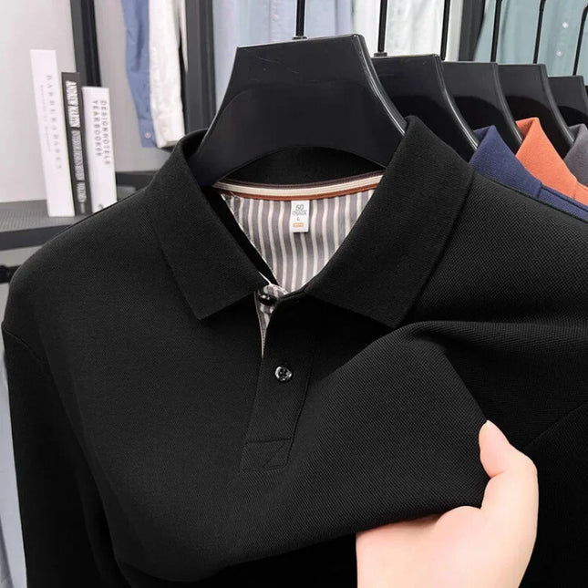 Men's casual long-sleeved pure cotton Polo shirt, new style for autumn, loose fit, pure color, classic, lapel Polo shirt