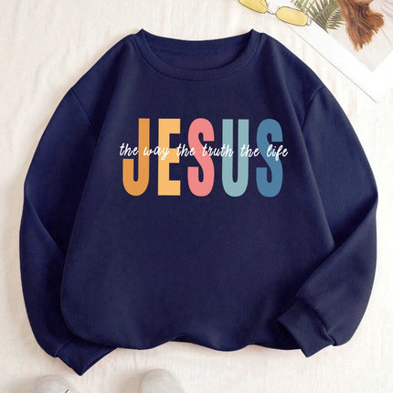 Jesus Color Letter Creative Print Women Sweatshirt Soft Fleece Pullover All-Match Y2K Loose Clothes Autumn Casual Streetwear