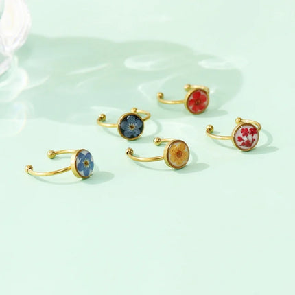 Wency Stainless Steel Dried Flower Round Rings For Women Eternal Flower Open Finger Ring Jewelry Wedding Band Gift Wholesale New