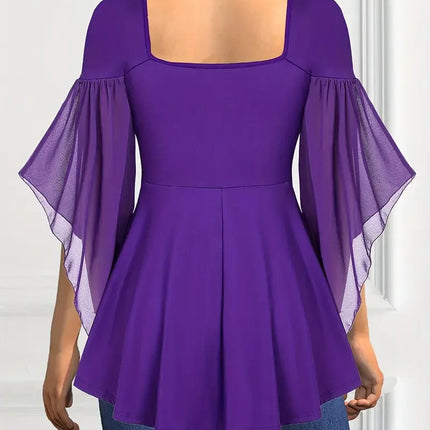 Plus Size Elegant Chiffon Blouse for Women Halloween Chic Lace-Up V-Neck Blouse Solid Color Flutter Sleeves Blouse Tops
