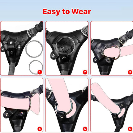 Strap On Dildo Harness Adjustable Waist and Thigh Soft Nylon Vegan Leather Belt with 2 Size Metal O-Rings for Lesbian Gay Couple